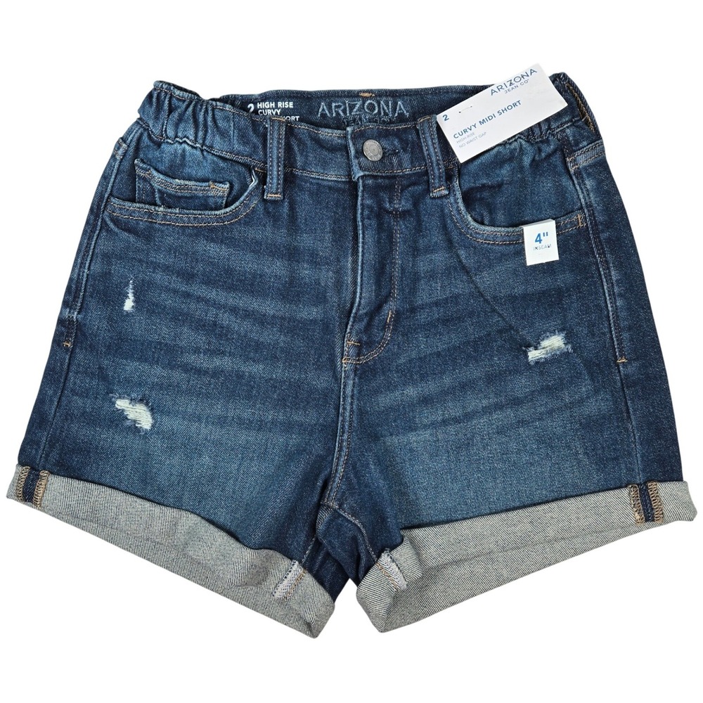 Arizona Jeans Co Size 2 High Rise Curvy Midi Denim Shorts‎ Distressed Cuffed